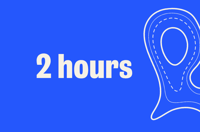 Electric blue background with words in white '2 hours'