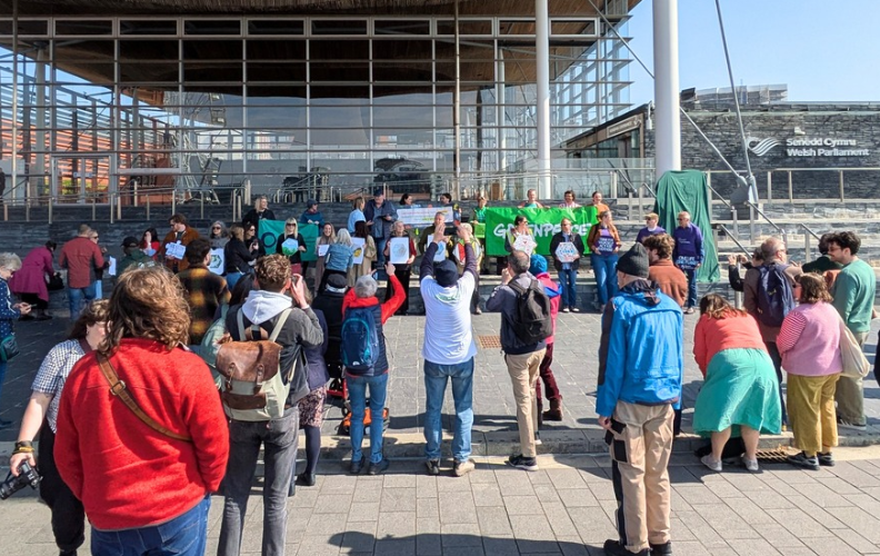 A crowd gathers beneath a sweeping timber canopy for an outdoor event, facing speakers and bright green banners; the sunny scene feels lively and communal.