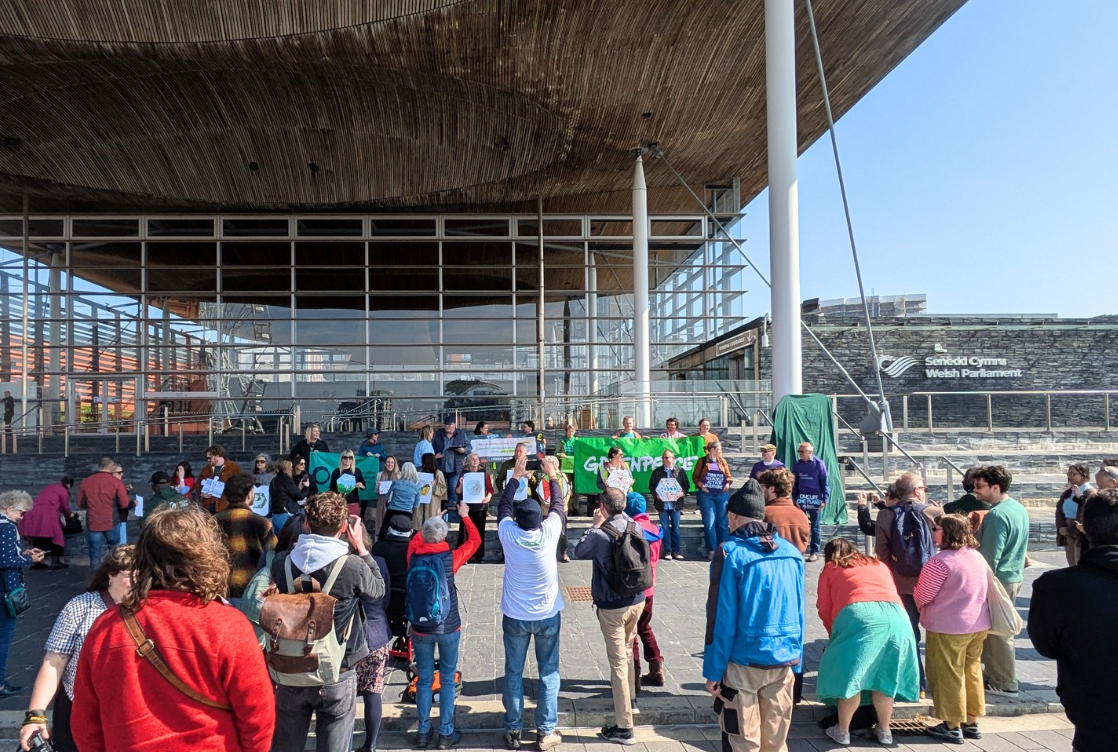 A crowd gathers beneath a sweeping timber canopy for an outdoor event, facing speakers and bright green banners; the sunny scene feels lively and communal.